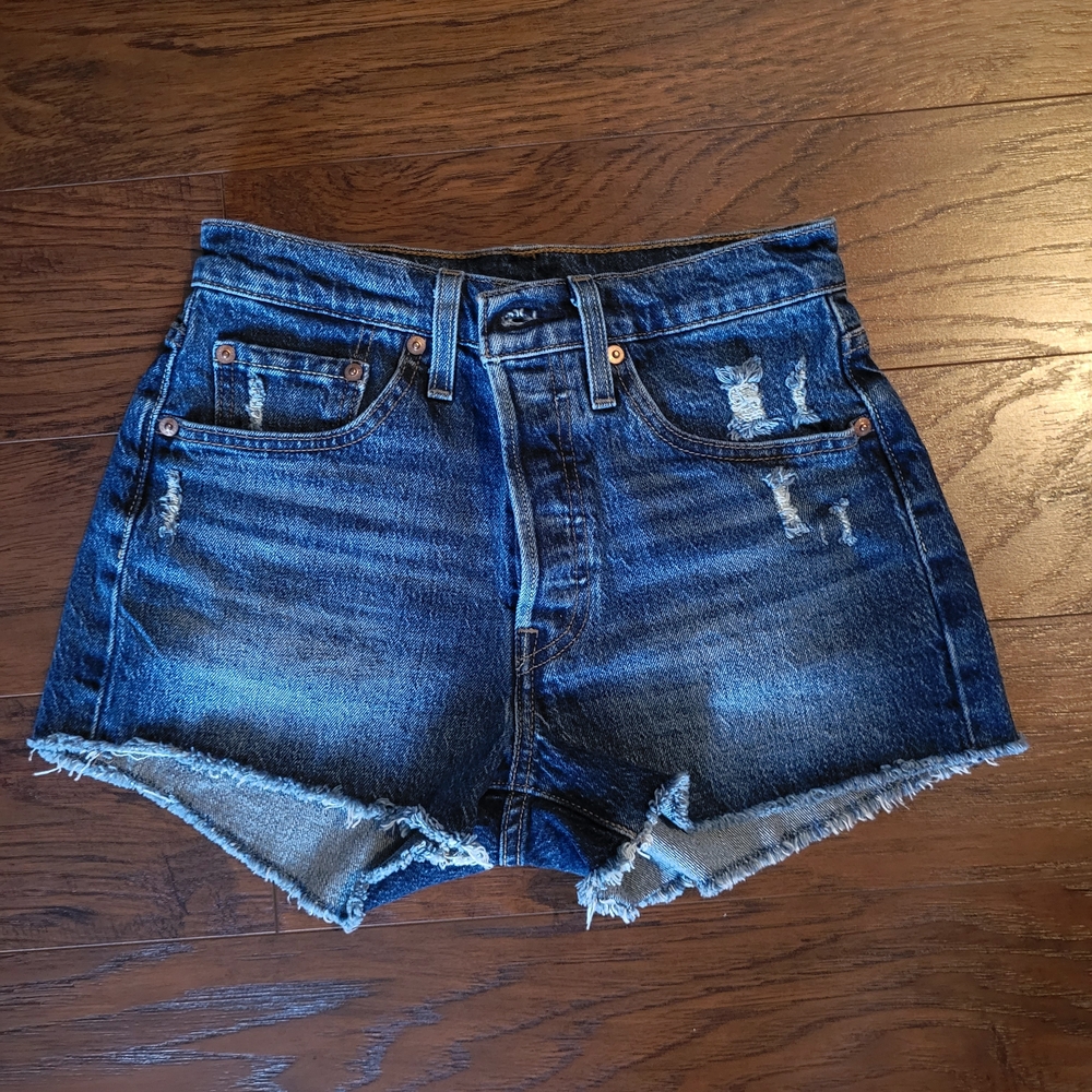 501 Levi's Blue Distressed Jean Shorts